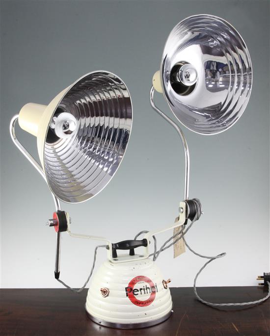 A 1940s Perlihel adjustable twin sun lamp, 30ins high